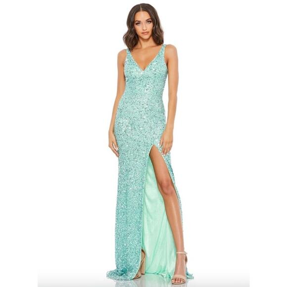 MAC DUGGAL Dress Size 12 Evening Gown Sequin Seafoam Green NEW Slit V Neck - Picture 1 of 8